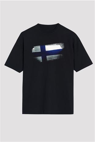 Finlandiya - Finland Bayrağı Baskılı Unisex Siyah Oversize Tişört
