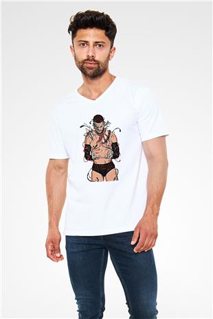 Finn Balor Baskılı Beyaz Unisex V Yaka Tişört - Tshirt