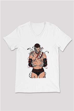 Finn Balor Baskılı Beyaz Unisex V Yaka Tişört - Tshirt