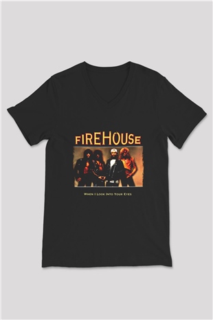 FireHouse Baskılı Unisex Siyah V Yaka Tişört