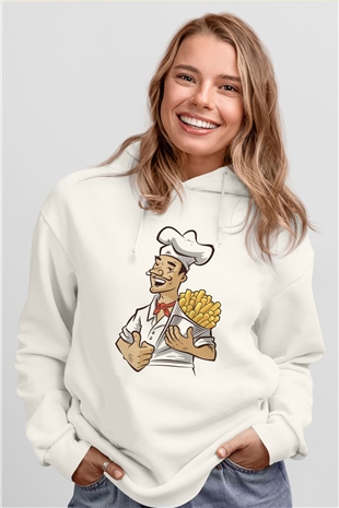 Fırıncı Beyaz Unisex Kapüşonlu Sweatshirt