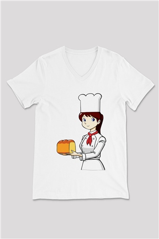 Fırıncı Beyaz Unisex V Yaka Tişört T-Shirt