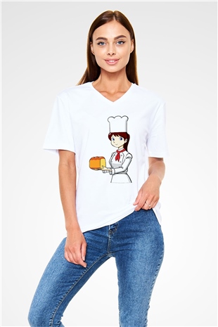 Fırıncı Beyaz Unisex V Yaka Tişört T-Shirt
