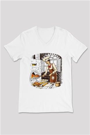 Fırıncı Beyaz Unisex V Yaka Tişört T-Shirt