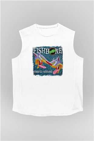 Fishbone Baskılı Unisex Beyaz Kolsuz Tişört