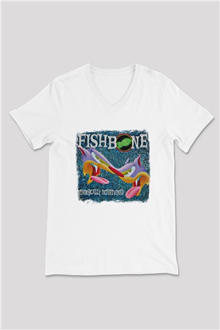 Fishbone Baskılı Unisex Beyaz V Yaka Tişört