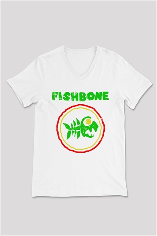 Fishbone Beyaz Unisex V Yaka Tişört T-Shirt