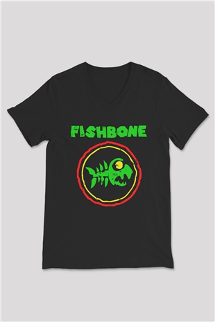 Fishbone Siyah Unisex V Yaka Tişört T-Shirt