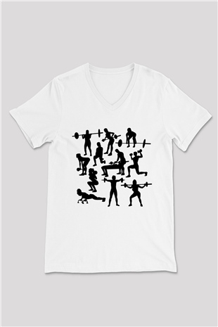 Fitness Beyaz Unisex V Yaka Tişört