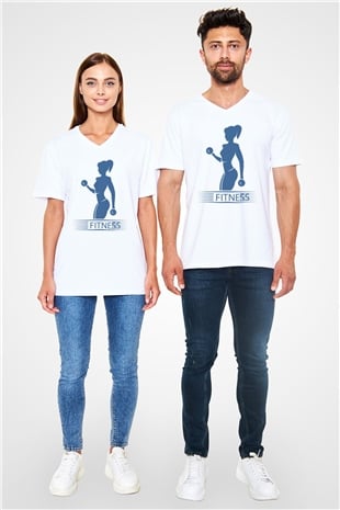 Fitness Beyaz Unisex V Yaka Tişört