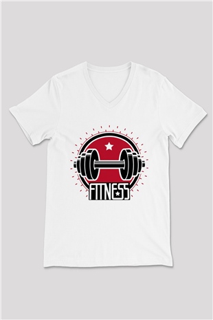 Fitness Beyaz Unisex V Yaka Tişört T-Shirt