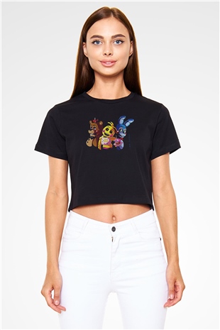 Five Nights At Freddy Baskılı Siyah Crop Top Kadın Tişört - Tshirt