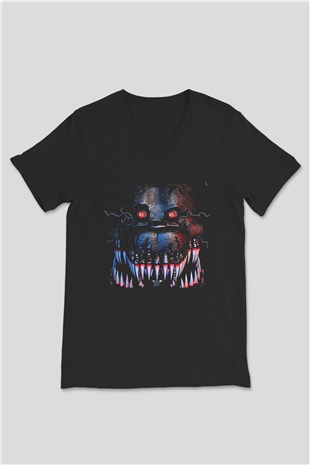 Five Nights At Freddy Baskılı Unisex Siyah V Yaka Tişört - Tshirt