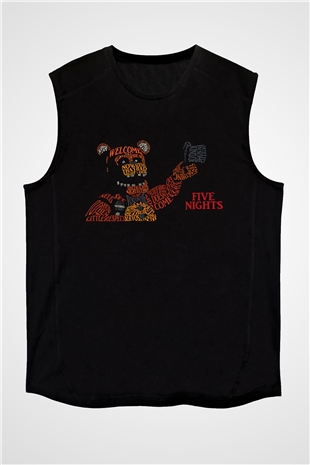 Five Nights At Freddy Baskılı Unisex Siyah Kolsuz Tişört - Tshirt