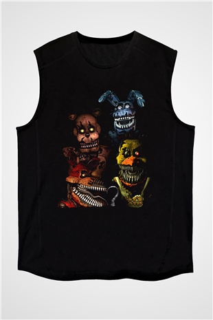 Five Nights At Freddy Baskılı Unisex Siyah Kolsuz Tişört - Tshirt