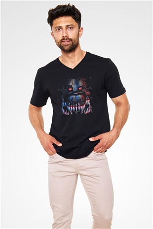 Five Nights At Freddy Baskılı Unisex Siyah V Yaka Tişört - Tshirt