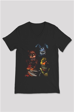 Five Nights At Freddy Baskılı Unisex Siyah V Yaka Tişört - Tshirt