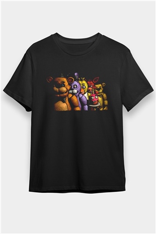 Five Nights At Freddy Baskılı Unisex Siyah Tişört - Tshirt