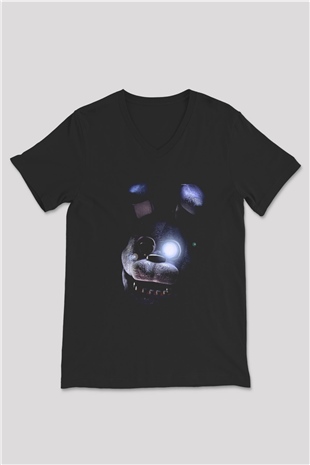 Five Nights At Freddy Baskılı Unisex Siyah V Yaka Tişört - Tshirt