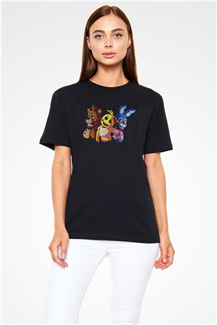 Five Nights At Freddy Baskılı Unisex Siyah Tişört - Tshirt