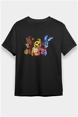 Five Nights At Freddy Baskılı Unisex Siyah Tişört - Tshirt