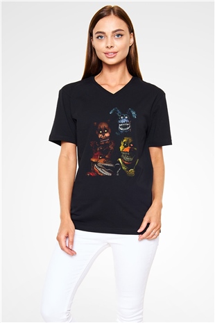 Five Nights At Freddy Baskılı Unisex Siyah V Yaka Tişört - Tshirt