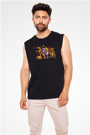 Five Nights At Freddy Baskılı Unisex Siyah Kolsuz Tişört - Tshirt
