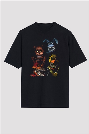 Five Nights At Freddy Baskılı Unisex Siyah Oversize Tişört - Tshirt