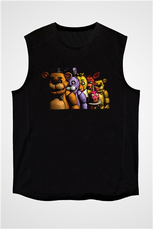 Five Nights At Freddy Baskılı Unisex Siyah Kolsuz Tişört - Tshirt