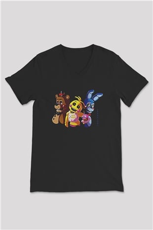 Five Nights At Freddy Baskılı Unisex Siyah V Yaka Tişört - Tshirt