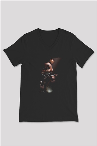 Five Nights At Freddy Baskılı Unisex Siyah V Yaka Tişört - Tshirt