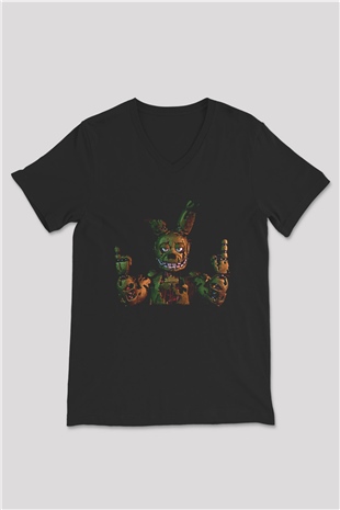 Five Nights At Freddy Baskılı Unisex Siyah V Yaka Tişört - Tshirt