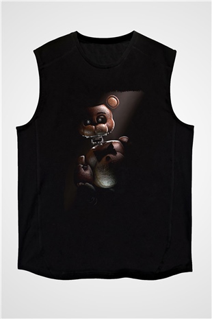 Five Nights At Freddy Baskılı Unisex Siyah Kolsuz Tişört - Tshirt