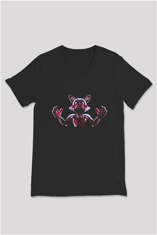 Five Nights At Freddy Baskılı Unisex Siyah V Yaka Tişört - Tshirt