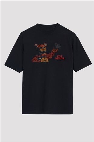 Five Nights At Freddy Baskılı Unisex Siyah Oversize Tişört - Tshirt