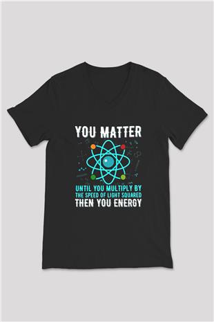 Fizik Atom Baskılı Unisex V Yaka Siyah Tİşört - Tshirt