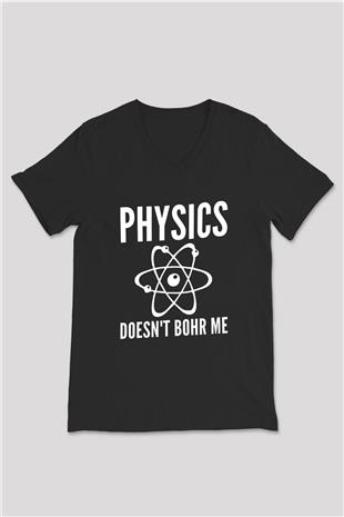 Fizik Atom Modeli Baskılı Unisex V Yaka Siyah Tİşört - Tshirt