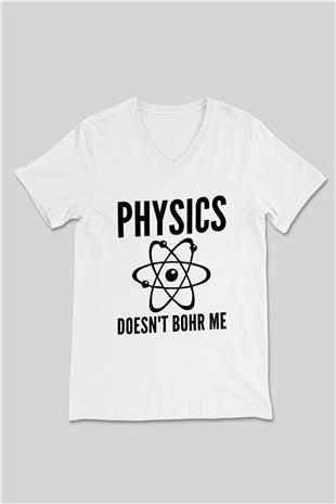 Fizik Atom Modeli Baskılı Unisex V Yaka Beyaz Tişört - Tshirt