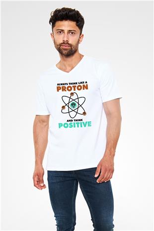 Fizik Atom Proton Pozitif Baskılı Unisex V Yaka Beyaz Tişört - Tshirt