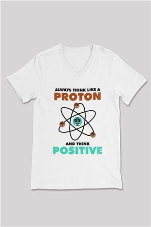 Fizik Atom Proton Pozitif Baskılı Unisex V Yaka Beyaz Tişört - Tshirt