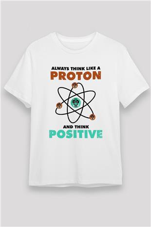 Fizik Atom Proton Pozitif Baskılı Unisex Beyaz Tişört - Tshirt