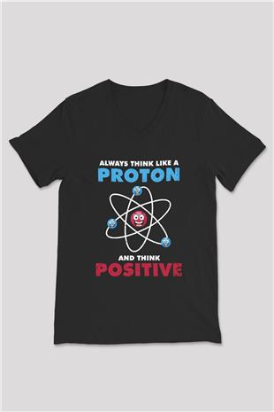 Fizik Atom Proton Pozitif Baskılı Unisex V Yaka Siyah Tİşört - Tshirt