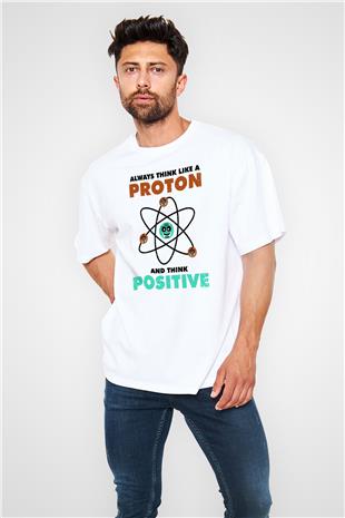 Fizik Atom Proton Pozitif Baskılı Unisex Oversize Beyaz Tişört - Tshirt