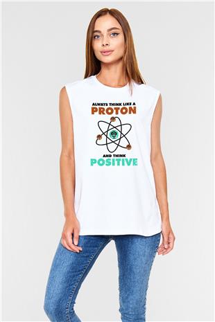 Fizik Atom Proton Pozitif Baskılı Unisex Kolsuz Beyaz Tişört - Tshirt