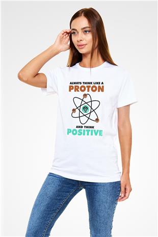Fizik Atom Proton Pozitif Baskılı Unisex Beyaz Tişört - Tshirt