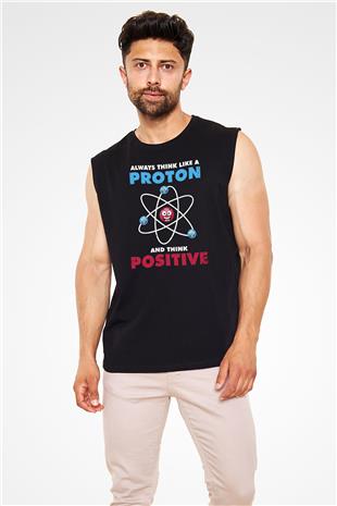 Fizik Atom Proton Pozitif Baskılı Unisex Kolsuz Siyah Tişört - Tshirt