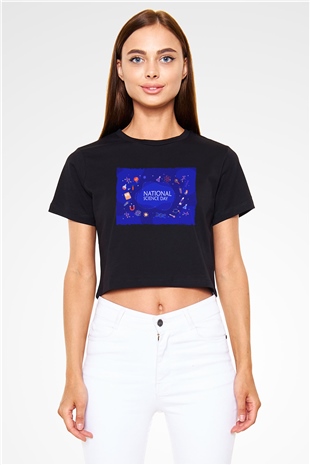 Fizik Kimya Biyoloji Sembolleri Ve Bilim Günü Baskılı Siyah Kadın Crop Top Tişört