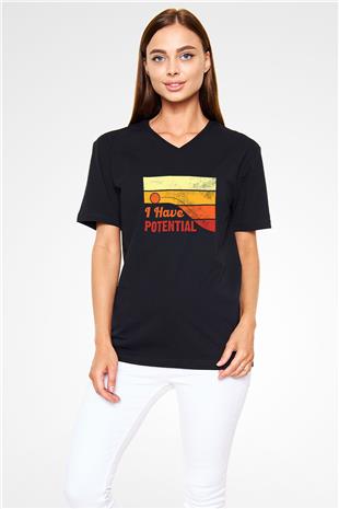 Fizik Potansiyel Baskılı Unisex V Yaka Siyah Tİşört - Tshirt