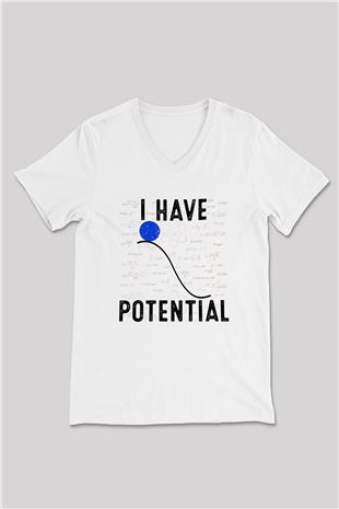 Fizik Potansiyel Enerji Baskılı Unisex V Yaka Beyaz Tişört - Tshirt