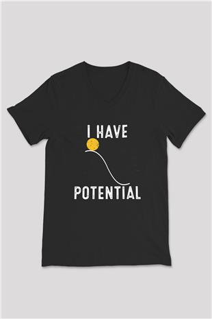 Fizik Potansiyel Enerji Baskılı Unisex V Yaka Siyah Tİşört - Tshirt